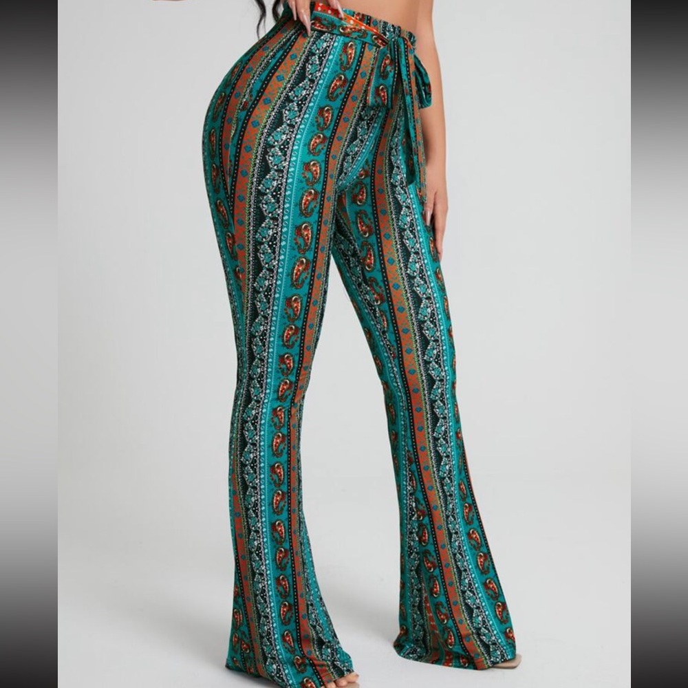 SHEIN Vibrant Teal and Orange Flare Pants